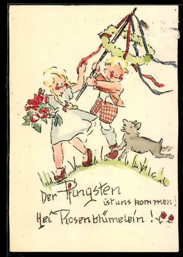 AK Kinder mit Maibaum und Hund, Pfingsten