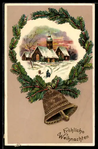 AK Verschneite Kirche umrahmt von Tannenzweigen, Weihnachten