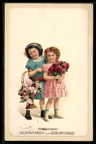 AK Zwei Mädchen bringen Rosen als Geschenke, Geburtstag