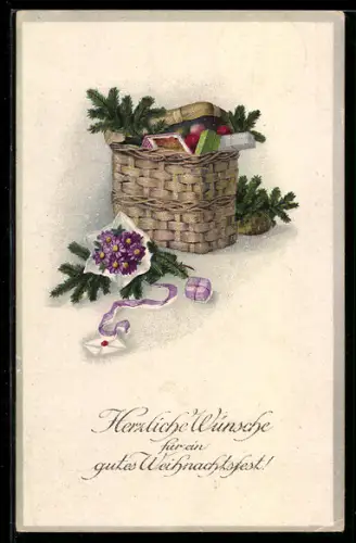 AK Korb voller Geschenke mit Brief, Weihnachten