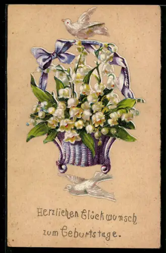 AK Weisse Tauben mit Blumenkorb, Geburtstag