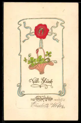 Präge-AK Korb mit Kleeblättern, Hufeisensiegel, Geburtstag