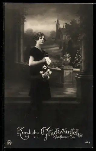 AK Mädchen mit einem Strauss Rosen, Konfirmation