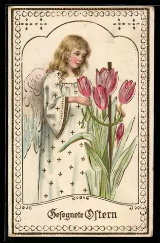 AK Osterengel mit Tulpen