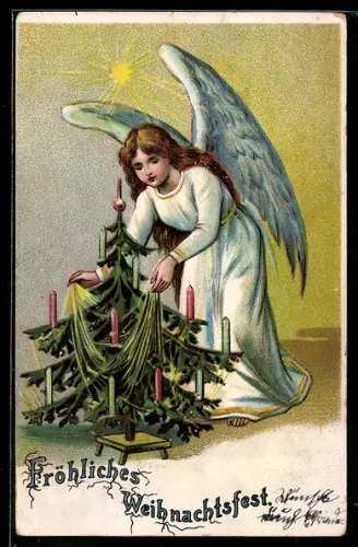 Lithographie Weihnachtsengel segnet den Christbaum, Fröhliches Weihnachtsfest