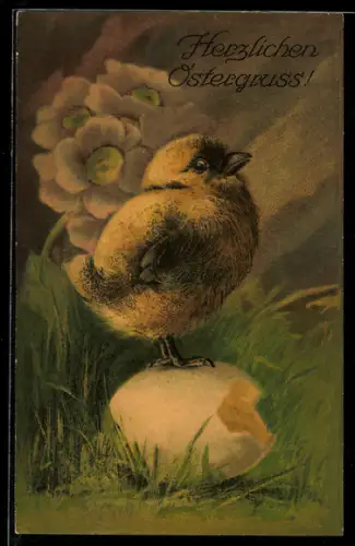 AK Herzlichen Ostergruss, Zierliches Osterküken steht auf einer Eierschale