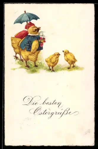 AK Osterküken auf einem Spaziergang