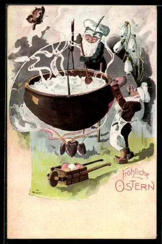 AK Zwege stehen an einem Kochtopf, Ostergruss