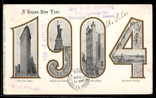 AK New York, Jahreszahl 1904 zeigt Statue of Liberty, Brooklyn Bridge, Flat Iron Building, Park Row Building