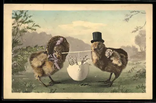 AK Osterküken mit Zylinder und Hut mit Eierschalen