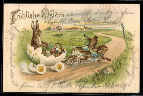 AK Osterhase reitet auf einer Kutsche