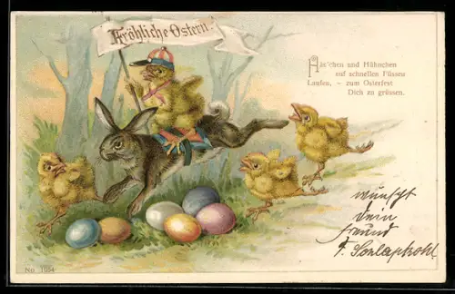 AK Osterküken reitet auf Osterhasen zum Fest