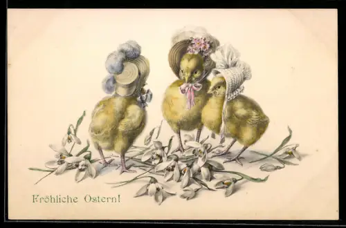 AK Drei Osterküken mit Hüten, Joyeuses Paques