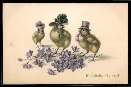 AK Osterküken mit Zylinder, Blumen, Ostern