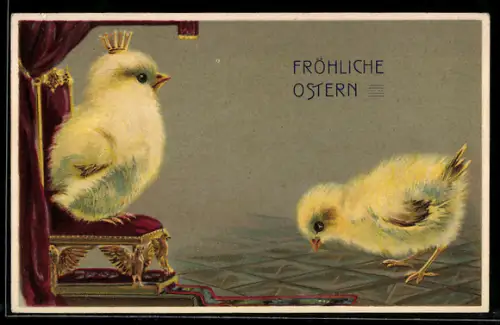 AK Osterküken verbeugt sich vor einem Osterkükenkönig