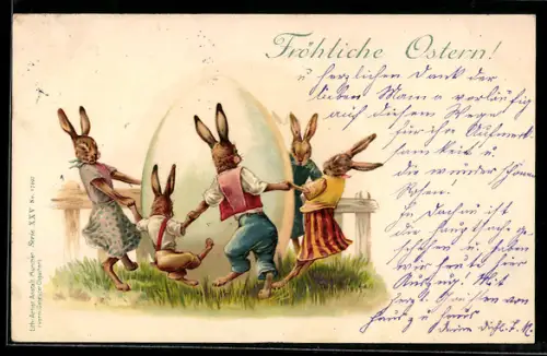 Lithographie Osterhasenfamilie tanzt um ein Osterei, Frohes Osterfest