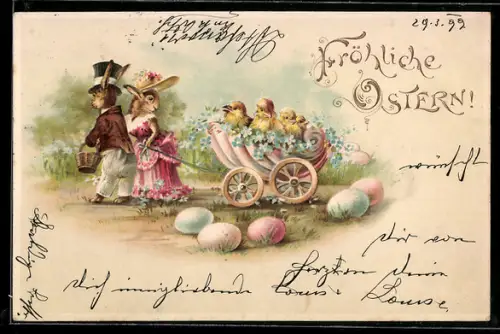 AK Ein vermenschlichtes Osterhasenpaar zieht einen Wagen mit Küken