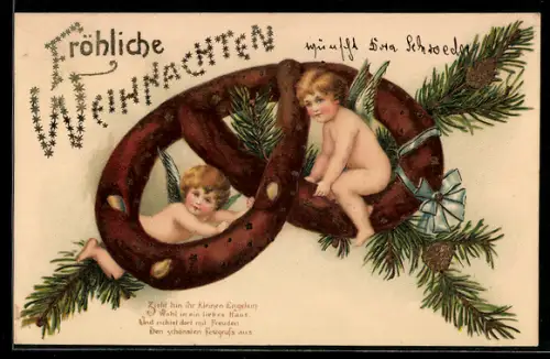 Lithographie Weihnachtsengel mit einer Lebkuchen-Brezel