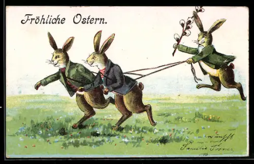AK Osterhase wird von zwei weiteren Osterhasen über die Wiese gezogen