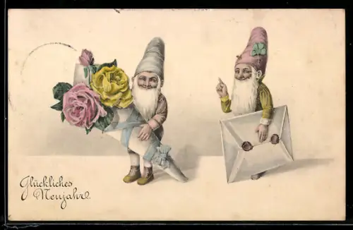 AK Zwerge mit Brief und Blumenstrauss, Neujahrsgruss