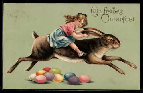 AK Mädchen reitet auf Osterhase