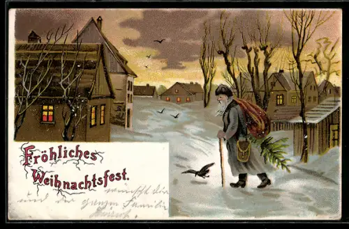 AK Weihnachtsmann geht durch die verschneite Ortschaft