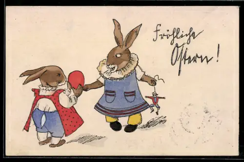 AK Zwei Osterhasen mit Ei und Spielzeug