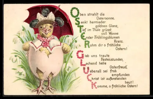 AK Osterküken mit Hut, Schirm und Eierschale, Ostergruss