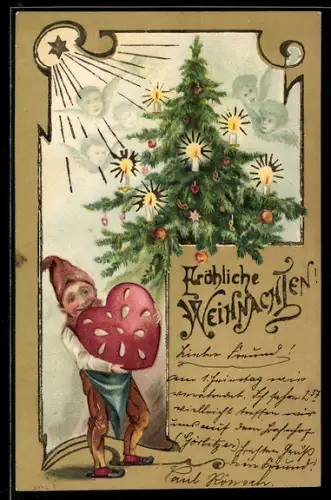 AK Zwerg mit grossem Herzen bei einem Christbaum und Weihnachtsengeln, Weihnachtsgruss