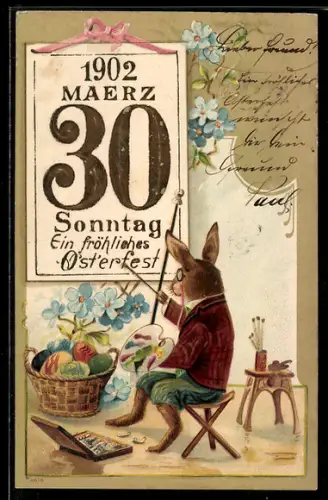 AK Osterhase mit Mischpalette und Pinsel, 1902