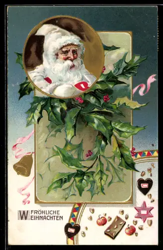 AK Weihnachtsmann mit Stechpalmenzweig und Gebäck