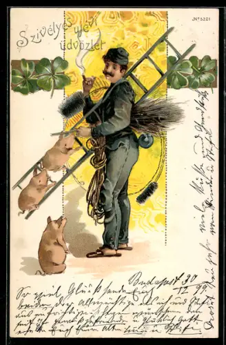 Lithographie Prosit Neujahr, Schornsteinfeger mit Glücksbringern