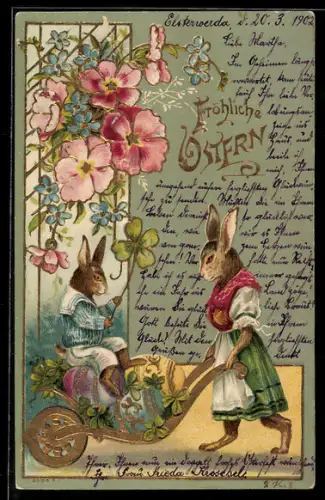 AK Zwei Osterhasen mit einem Karren, darüber Verigssmeinnicht