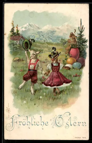 Lithographie Fröhliche Ostern, Lamm in Lederhose und Osterhäsin in Dirndl