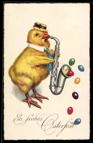 AK Osterküken mit einem Saxophon und Ostereiern