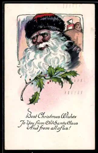 AK Weihnachtsmann mit Stechpalmenzweig