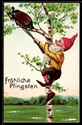 Künstler-AK Pfingsten, ein Maikäfer und ein Zwerg auf dem Baum