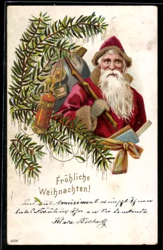 AK Weihnachtsmann mit einem Sack von Geschenken auf dem Rücken