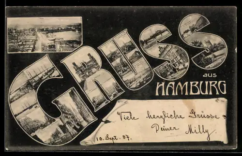 Grusskarten-AK Hamburg, Schriftzug mit Johannisbollwerk mit Seewarte, Hansatheater und Front der Elbbrücke