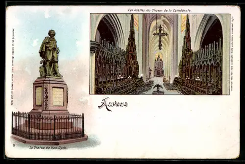 Lithographie Anvers, La Statue de Van Dyck, Les Stalles du Choeur de la Cathédrale