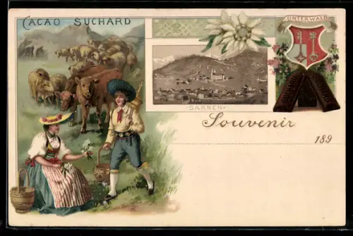 Lithographie Sarnen, Trachtenpaar vor Alpenansicht mit Kuhherde