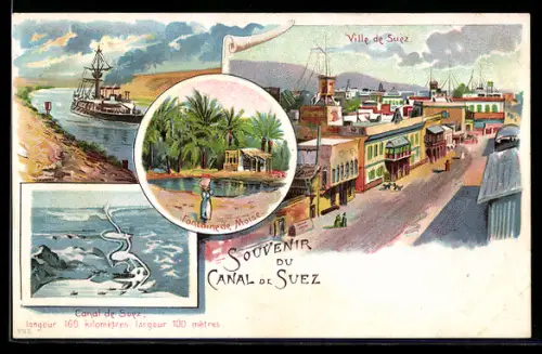 Lithographie Ville de Suez, Souvenir du Canal de Suez