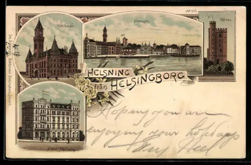 Lithographie Helsingborg, Rådhuset, Hamnen, Kärnan, Hotel Mollberg