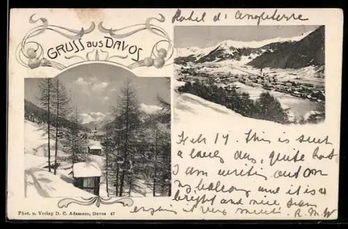 AK Davos, Winteransichten mit verschneitem Waldweg und Panoramablick auf das Tal