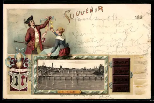 Lithographie Basel / Bâle, Rheinpartie mit Brücke, Passepartout mit Wappen und Schokoladentafel