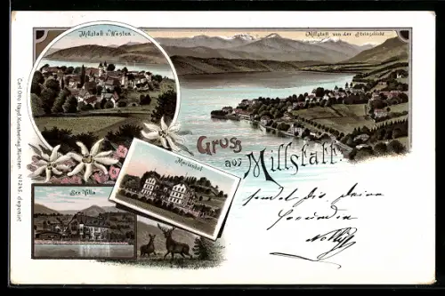 Lithographie Millstatt, See-Villa, Marienhof, Blick von der Steinschicht