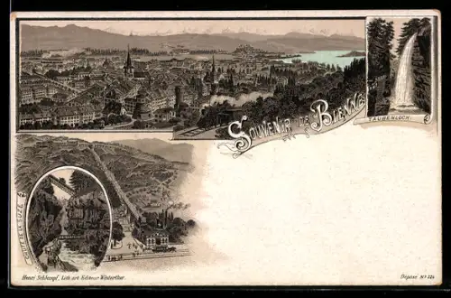 Lithographie Bienne, Taubenloch, Chute de la Suze