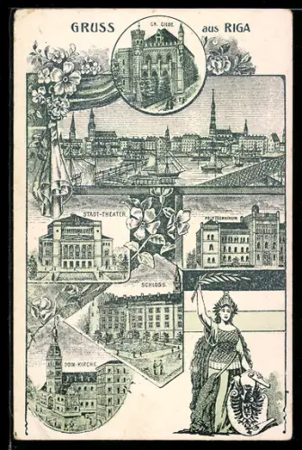 Lithographie Riga, Stadt-Theater, Polytechnicum, Schloss, Dom-Kirche