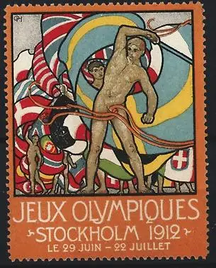 Reklamemarke Stockholm, Jeux Olympiques 1912, Athlet in Akt mit Fahnen, Olympia - Olympiade