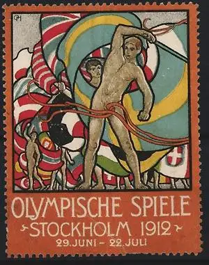 Reklamemarke Stockholm, Olympische Spiele 1912, Athleten in Akt mit Fahnen, Olympia - Olympiade